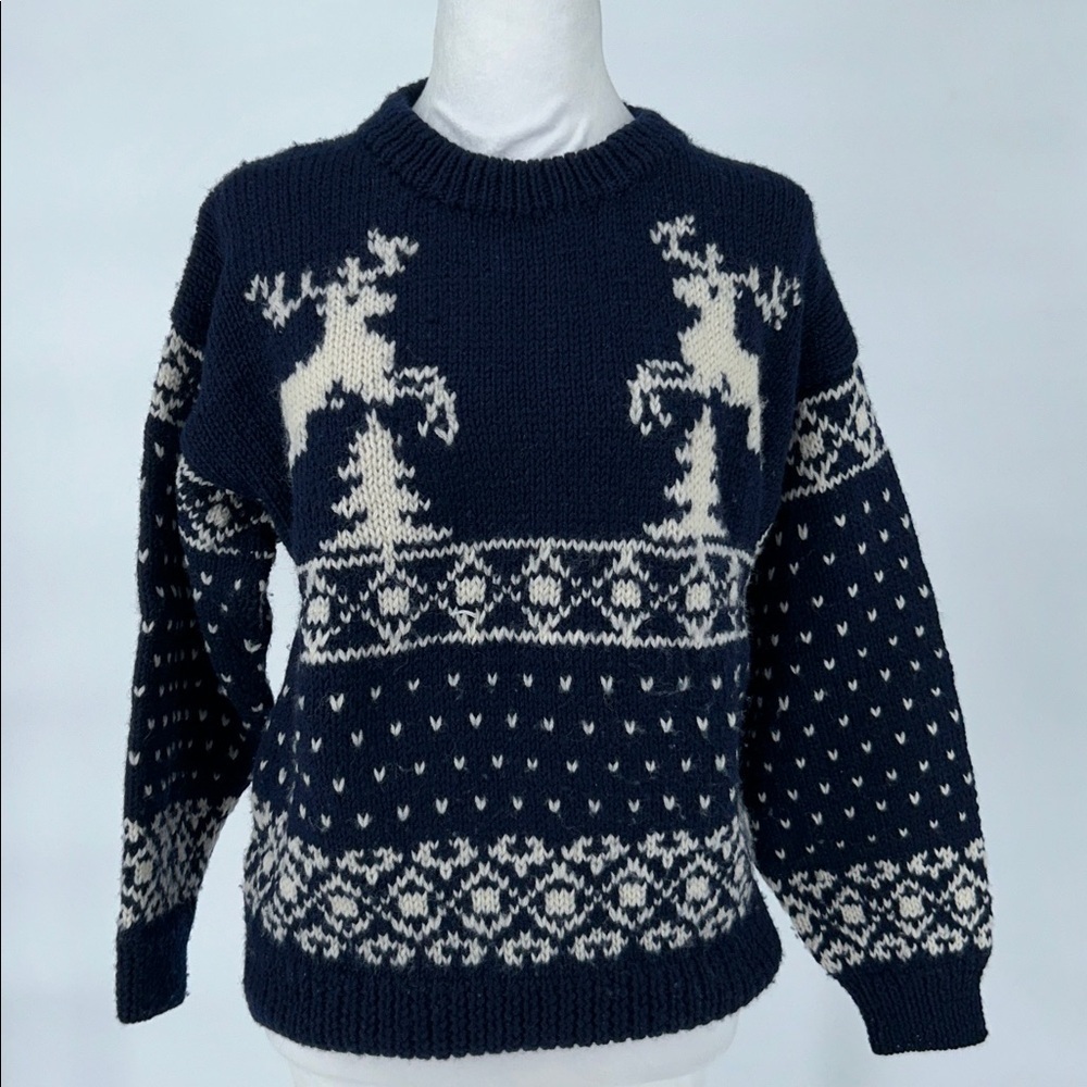 One of a Kind Hand Knit Wool Reindeer Sweater Kids 12–14 Nordic Fair Isle - Picture 3 of 8